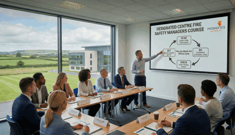 Designated Centre Fire Safety Managers Course training session showing Plan-Do-Check-Act cycle
