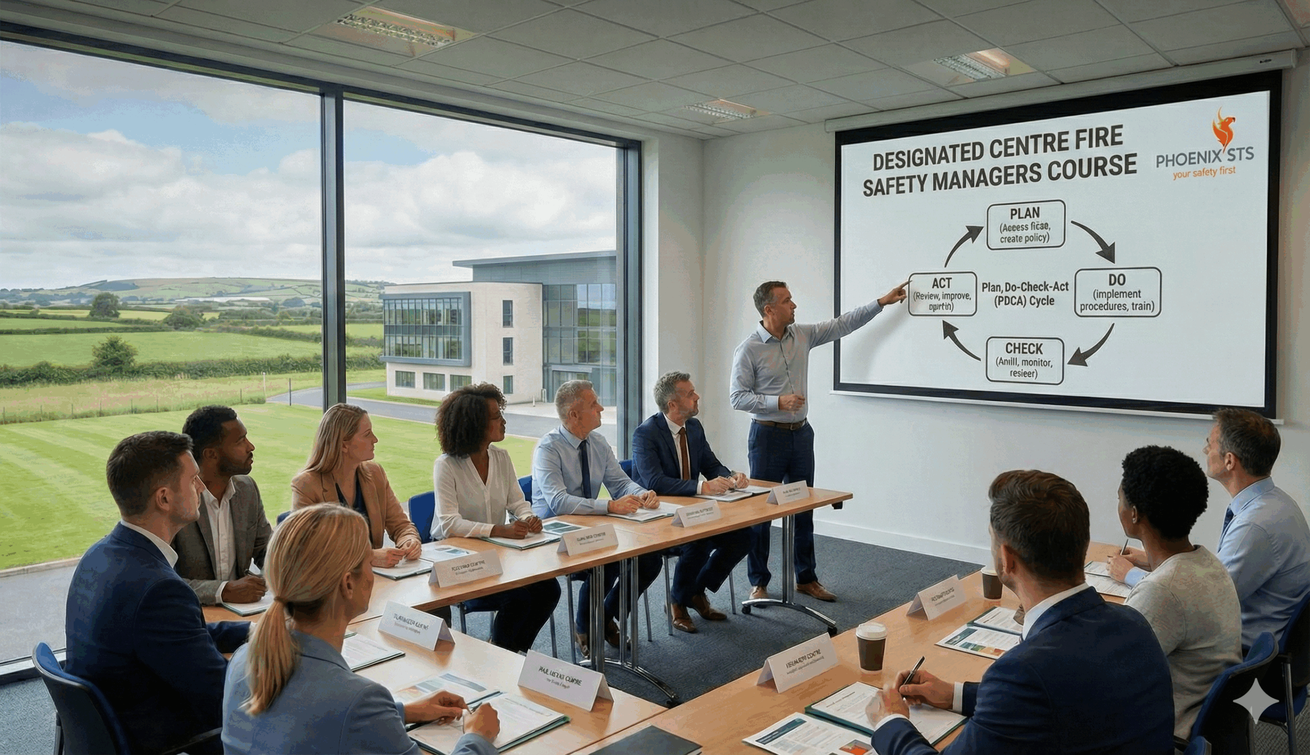 Designated Centre Fire Safety Managers Course training session showing Plan-Do-Check-Act cycle