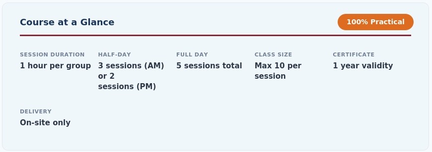 Evacuation Equipment Training Course at a Glance - 1 hour per group, 3 sessions AM or 2 sessions PM, 5 sessions full day, Max 10 per session, 1 year certificate, On-site only, 100% Practical - Phoenix STS Ireland