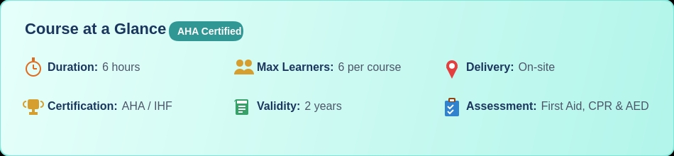 First Aid Course Ireland - AHA Certified - Course at a Glance showing 6 hours duration, max 6 learners, 2 year certification