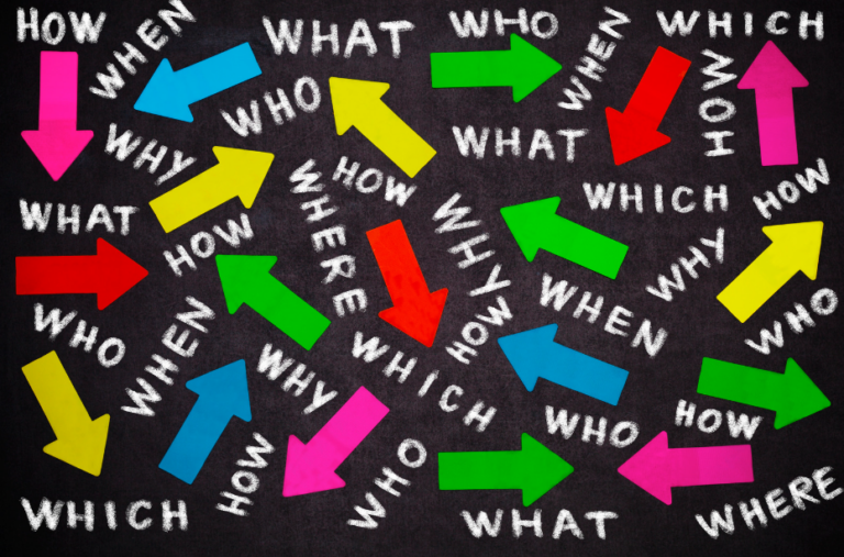Colorful arrows on a black background with words like 'How', 'What', 'Who', 'When', 'Where', 'Why', and 'Which', representing the different questions and perspectives involved in analyzing fire safety assessments and fire risk assessments