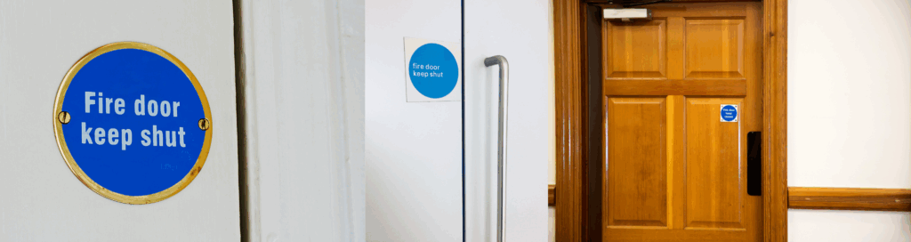 Fire doors with 'Keep Shut' signs, showing different types of doors crucial for building fire safety and compliance.