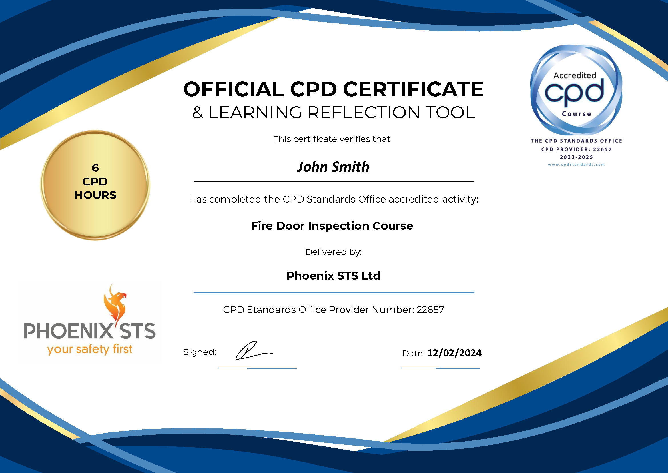 Official CPD Certificate for John Smith's Fire Door Inspection Course, showing 6 accredited CPD hours from Phoenix STS Ltd, dated 12/02/2024.