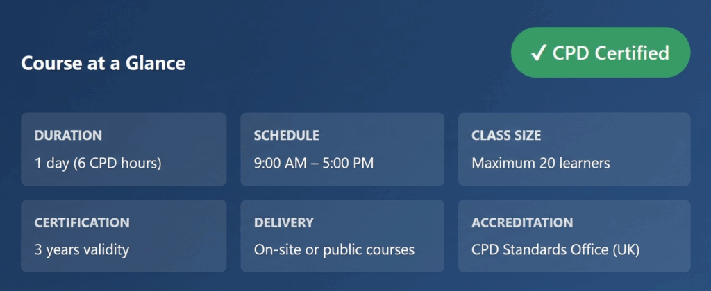 Fire Door Inspection Course Ireland key facts: 1-day duration, 6 CPD hours, maximum 20 learners, 3-year certification