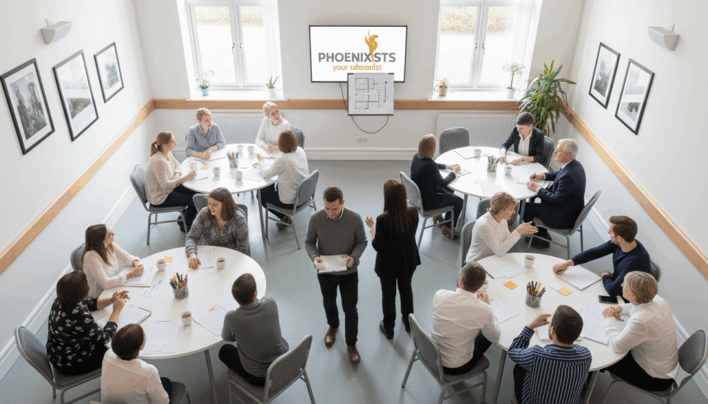 A high-angle view of an active safety workshop where professionals collaborate at round tables; a screen displays the "PHOENIX STS" logo above an easel showing a building floor plan, while participants discuss and move about the room.