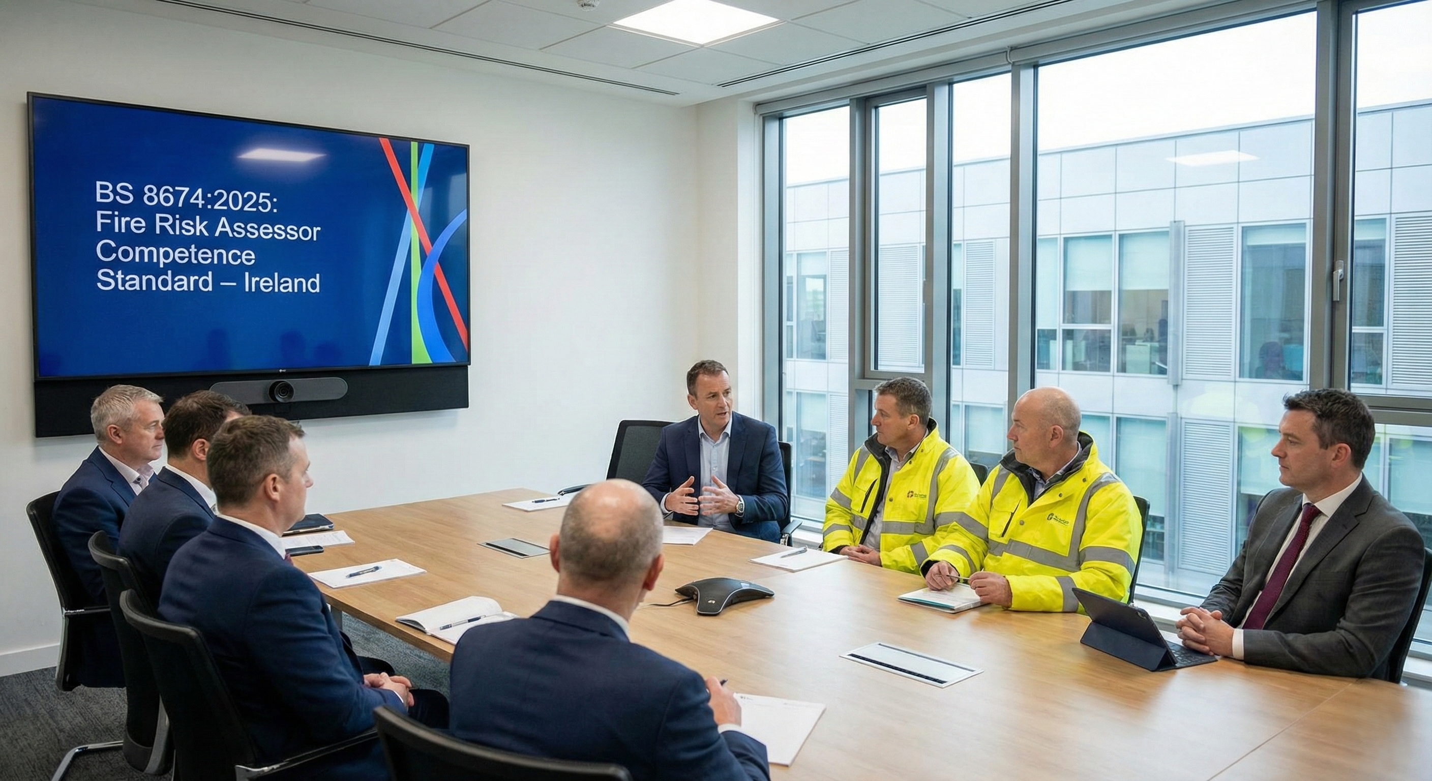 Fire safety consultants and building managers collaborate on BS 8674:2025 fire risk assessment compliance in modern Irish boardroom