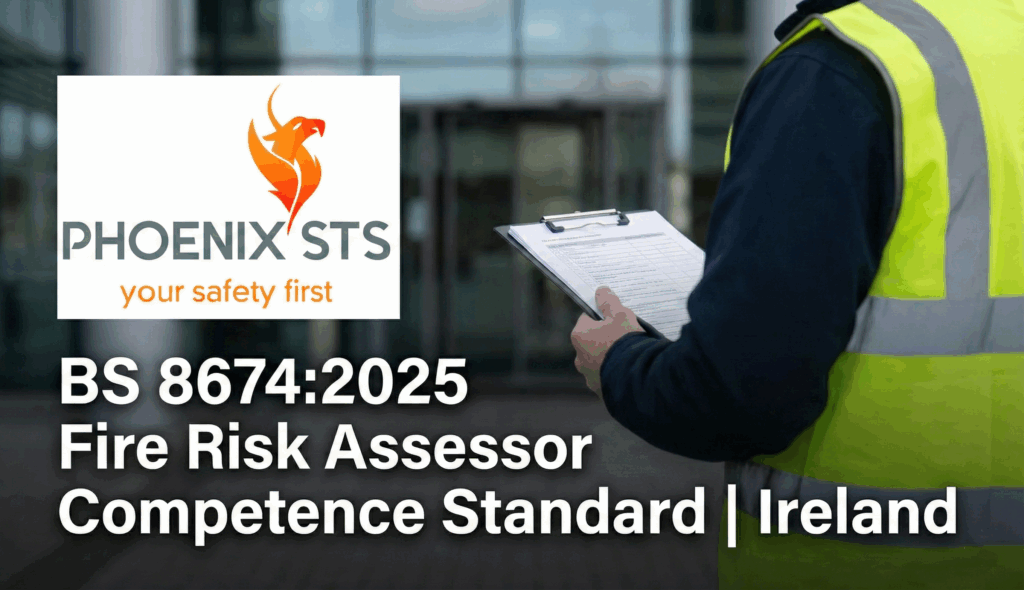 Phoenix STS fire risk assessor performing BS 8674 competence standard assessment at Irish building entrance